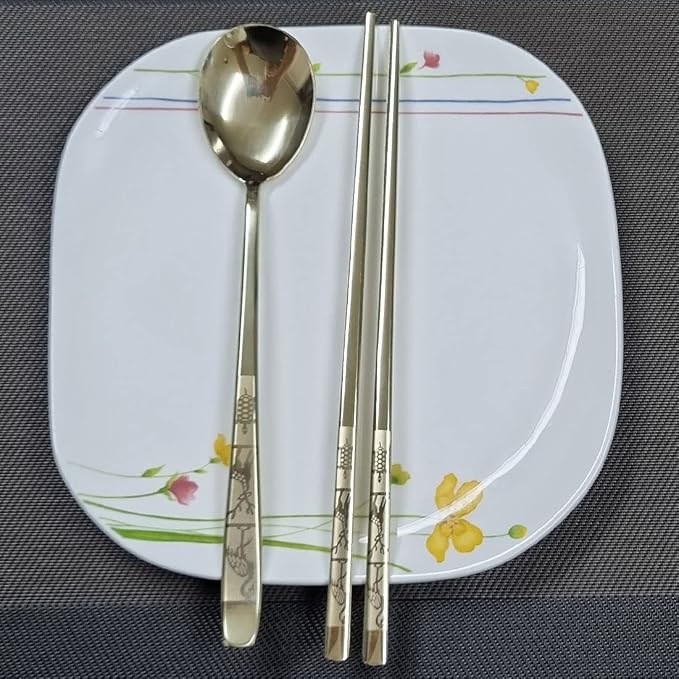 GARASANI Korean Traditional Spoon and Chopsticks Gold Titanium Plated Stainless Steel Cutlery (Gold Longevity)