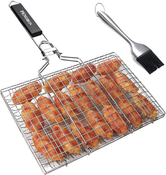 Fish Grilling Basket, Folding Portable Stainless Steel BBQ Grill Basket for Fish Vegetables Shrimp with Removable Handle, Come with Basting Brush and Storage Bag