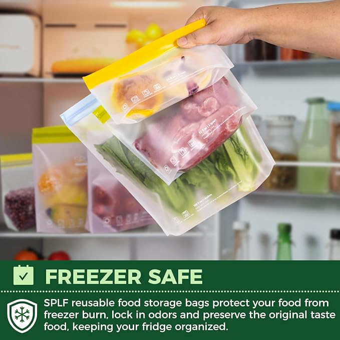 SPLF 6 Pack Stand-Up Reusable Gallon Freezer Bags Dishwasher Safe | Extra Thick 1 Gallon Leakproof Food Storage Bags, BPA and Silicone Free Freezer Bags for Meal Prep, Bread, Veggies, Travel