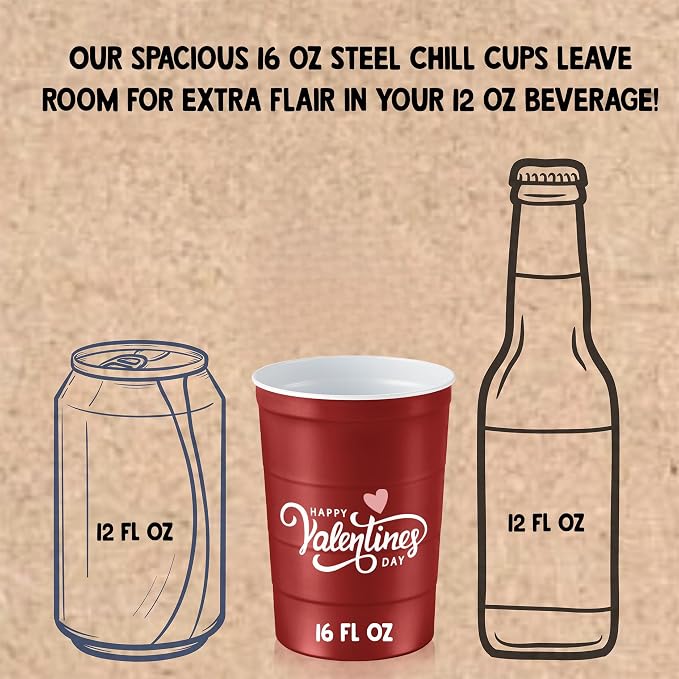 Steel Chill Cups 16 oz. Reusable Party Cups, Valentine's Day, 12 Count | Made in USA from Steel these durable cups chill fast & keep your drink cold for longer, 100% recyclable for sustainablity