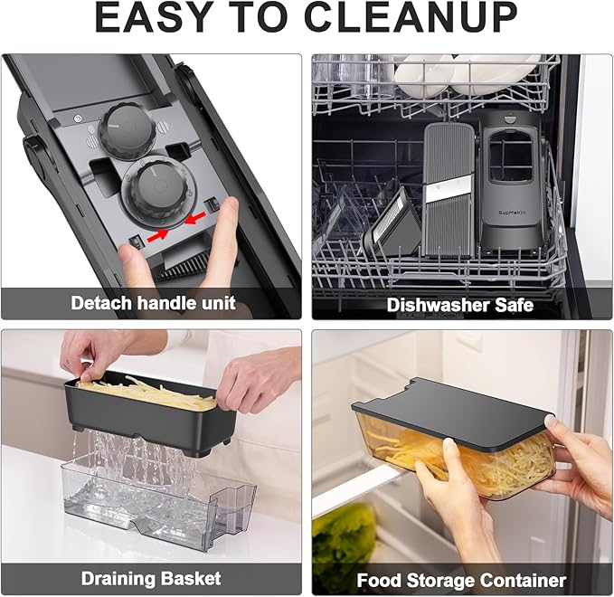 SupMaKin 8 IN 1 Upgraded Safe Mandoline Slicer,Multi Vegetable Chopper,Potato Slicer, Onion Chopper with Drain Basket Storage Container, Cheese Grater Kitchen Chopping Artifact (Black)