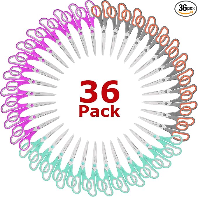 iBayam 36-Pack 8" Heavy Duty Scissors, Sharp Comfort-Grip, Left/Right Hand | Ultra-sharp 2.5mm steel blades, 100,000+ cut durability, comfort-grip handles — perfect for home, school, office & crafts.