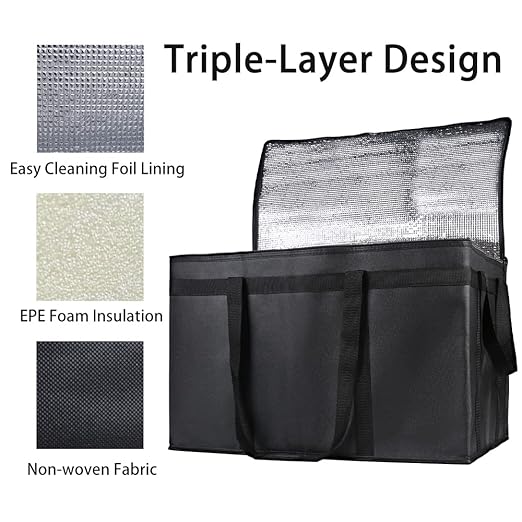 Bodaon Insulated Food Delivery Bag, XXXL Reusable Warming Bag, Black, 1Pk | Pizza Delivery Bags for Hot and Cold Food, Commercial, Large Capacity, Catering Cooler Bag for Rideshare, Warmers for Parties