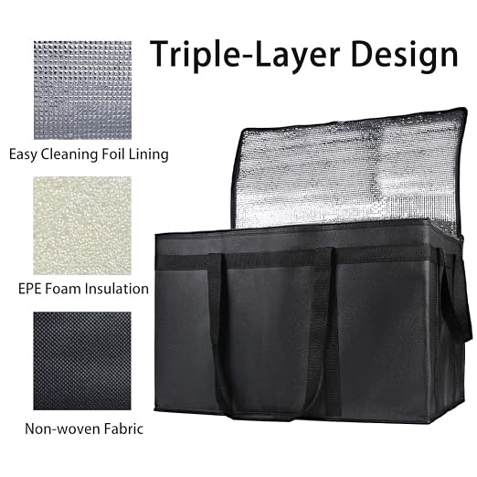 Bodaon 2-Pack Insulated Food Delivery Bag, XXXL Grocery Cooler Bag, Black | Catering Tote Insulation Bag for Hot and Cold Meal, Large Capacity Reusable Pizza Warmer Carrier for Picnic/Rideshare/Drivers