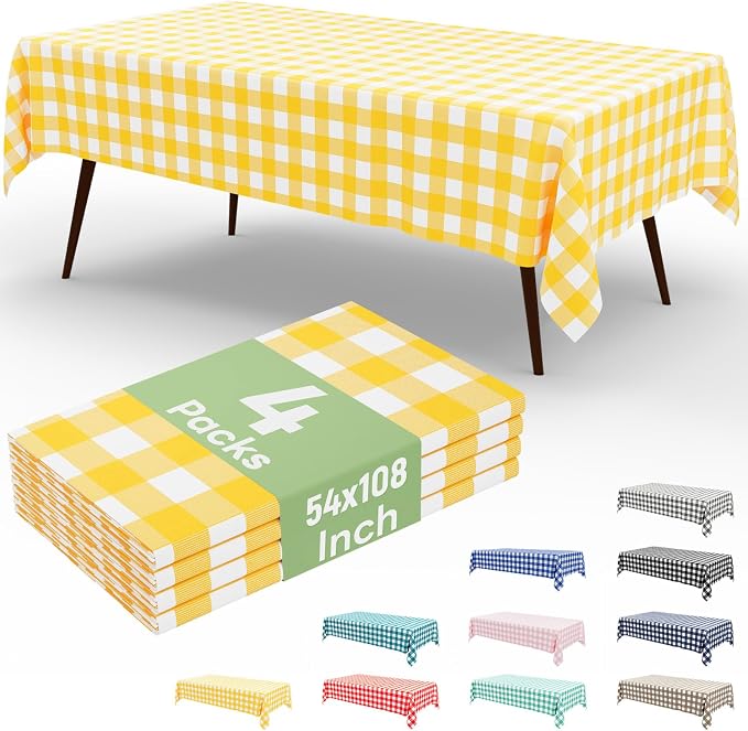 4 Packs Buffalo Disposable Table Cloth, 54 x 108 Inch Waterproof Plastic Tablecloth, Rectangle Yellow and White Checkered Table Covers for Picnic, Birthday, Party, Back to School