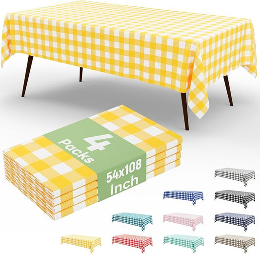 4 Packs Buffalo Disposable Table Cloth, 54 x 108 Inch Waterproof Plastic Tablecloth, Rectangle Yellow and White Checkered Table Covers for Picnic, Birthday, Party, Back to School