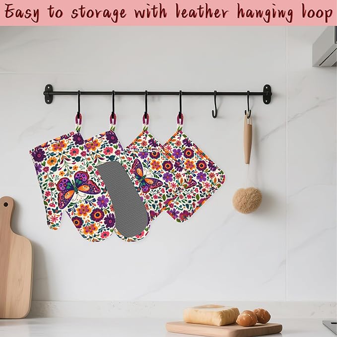 Butterfly Flowers Heat-Resistant Silicone Oven Mitts and Pot Holder 4 Piece Set,Vintage Non-Slip Kitchen Oven Gloves for Baking, BBQ, Cooking,Grilling