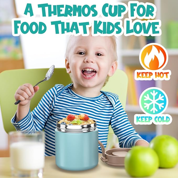 Thermo for Hot Food Kids - 15.2oz with Folding Spoon and Silicone handle | Leak Proof Insulated Food Jar, Soup Thermo, Wide Mouth Insulated Lunch Containers, Dishwasher Safety