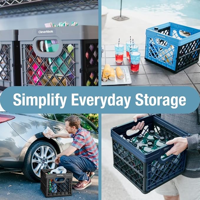 CleverMade Collapsible Milk Crate, 25L Storage Crate, Holds 50 lb, Obsidian | Organize Files, Groceries, and Gear in One Crate | Built-In Rails Hold Letter Folders, While the Frame Stacks Securely