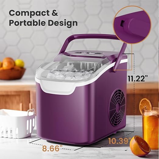 Countertop Portable Ice Maker Machine with Handle, 8 Bullet-Shaped Ice Cubes Ready in 6 Mins, 26Lbs/24H, Self-Cleaning Function with Ice Scoop and Basket for Home/Kitchen/Party (Purple)