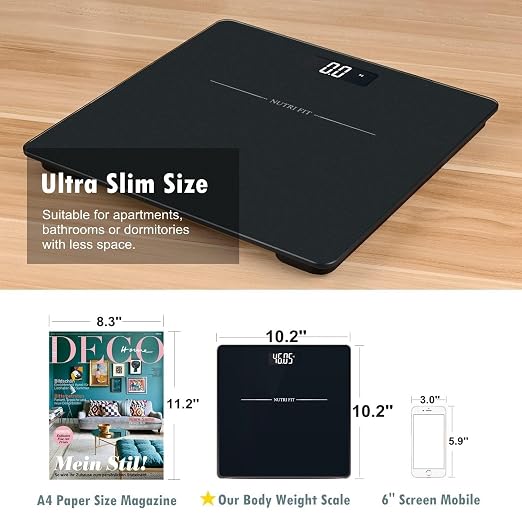NUTRI FIT Digital Bathroom Scale for Body Weight Loss Watchers Electri Scales, 50g/0.1lb Discrepancy, Clear Backlit LCD Display and Step-On Techhology, 2*AAA Batteries Included, 330lb/150kg, Jet Black