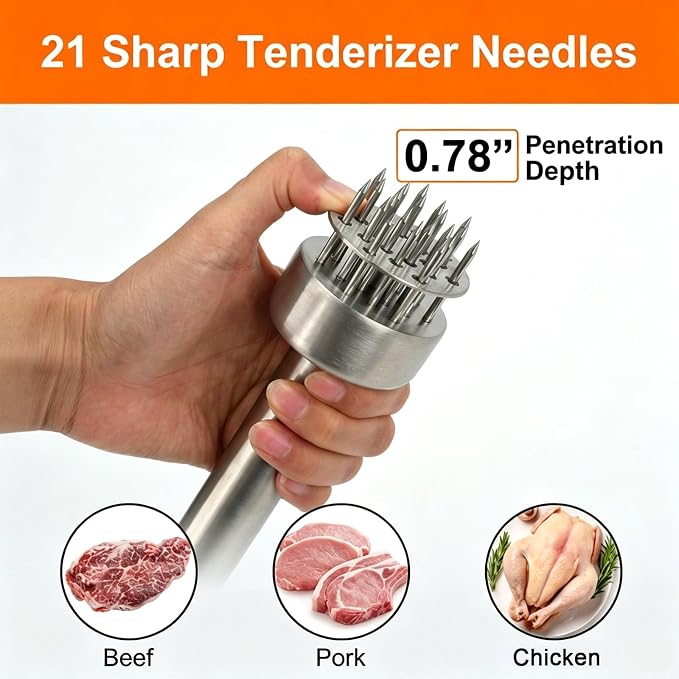 Meat Tenderizer Tool, 304 Stainless Steel Meat Tenderizer Mallet with 21 Sharp Needles Meat Hammer Press Meat Tenderizer Tool for Beef, Pork, Steak, Chicken, Dishwasher Safe