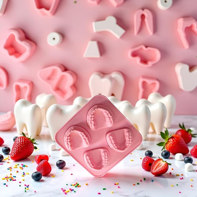 Pink 4 Hole Denture Teeth Shaped Ice Cube Mold Silicone Ice Tray DIY Ice Cream Funny Gag Gift For Dentist Seniors Ice Tray Molds, Ice Cube Molds and Trays