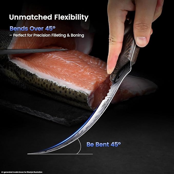 Fillet Knife, Razor Sharp 7.2 Inch Boning Knife, High Carbon Stainless Steel Filet Knives with High Flexibility, Wooden Handle, Full Tang Damascus Pattern Fishing Knives, Ideal Gift