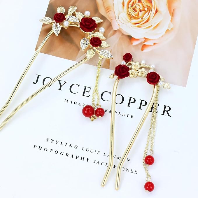 Lawie 10 Pack Cute Flower Butterfly U Shaped Gold Metal Hair Fork Pins Curved Chopsticks for Hair Sticks with Dangles French Hair Pins Bun Holder Decorative Hair Accessories for Women Girls (Red)