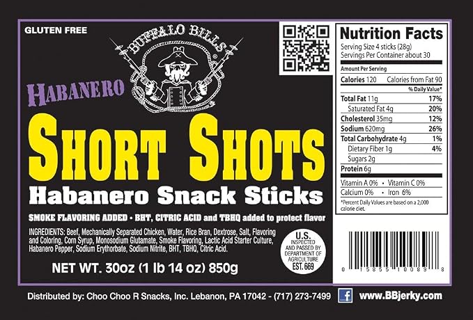 Buffalo Bills Habanero Short Shots Beef Sticks, 3.5"Sticks/30 Oz Bag | Gluten Free, Ideal For Road Trips, Officesnacks, Hiking, High Protein Snack, Made In The USA, 100% Us-Raised Beef, 120 Sticks