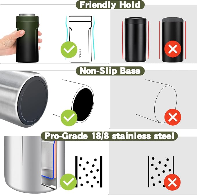 3-IN-1 Insulated Can Cooler - Signice Double Walled Vacuum Insulator Stainless Steel Slim Can Cooler for 12 Oz Skinny Tall Can/Standard Regular Can/Beer Bottle (Black Forest)