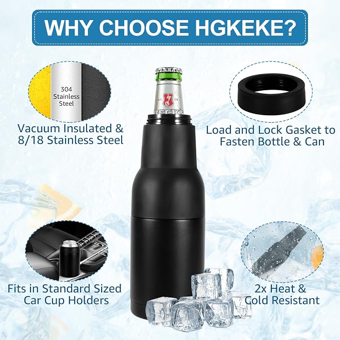 12oz Universal Beer Bottle Cooler Double Walled SS Beer Can Holder | 3 in 1 Can Koozie with Beer Opener Vacuum Insulated - fit Fishing, Camping Outdoor Activities and Nice Gift for Men (Black)
