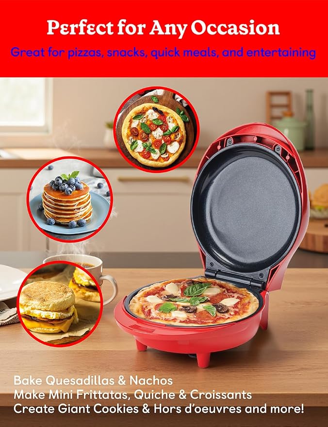 Betty Crocker 7.5" Mini Pizza & Meal Maker, 1000W Indoor Electric Grill, Nonstick Pan for Pizzas, Quesadillas, Nachos and more, Personal Pizza Machine for Delicious Meals and Snacks, BC-5962RC, Red