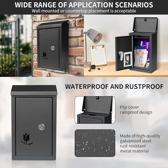 Ydocabinit Wall Mount Key Drop Box, with Key Lock & Flip & Top Slot, Steel Cash Drop Box, Storage Box for Mail, Packages, Donations, Voting, Suggestion for Outside Home Business 9.05"×5.51"×3.03"