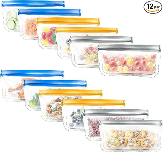 Reusable Silicone Freezer Bags, 12 Pack Leakproof Food Storage Bags Dishwasher Safe, Silicone Snack Bags Food Storage Containers for Meal Prep Containers, Salad Fruit, Vegetables, Home Organization