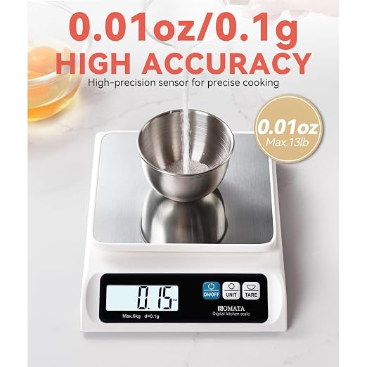 BOMATA 0.1g High Precision Food Scale, USB Rechargeable, 13lb Digital Kitchen Scale with Removable Stainless Steel Pan, Backlit LCD Display, for Cooking, Baking B621 White