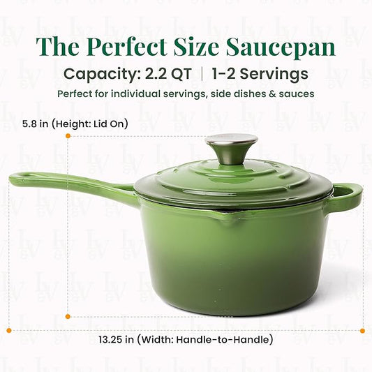 Larder & Vine Enameled Cast Iron Saucepan | 2.2 qt Sauce Pan with Lid | Saucepan with Pour Spouts | Enameled Cast Iron Pot Compatible on All Cooktops & Oven Safe to 500° F | Okra