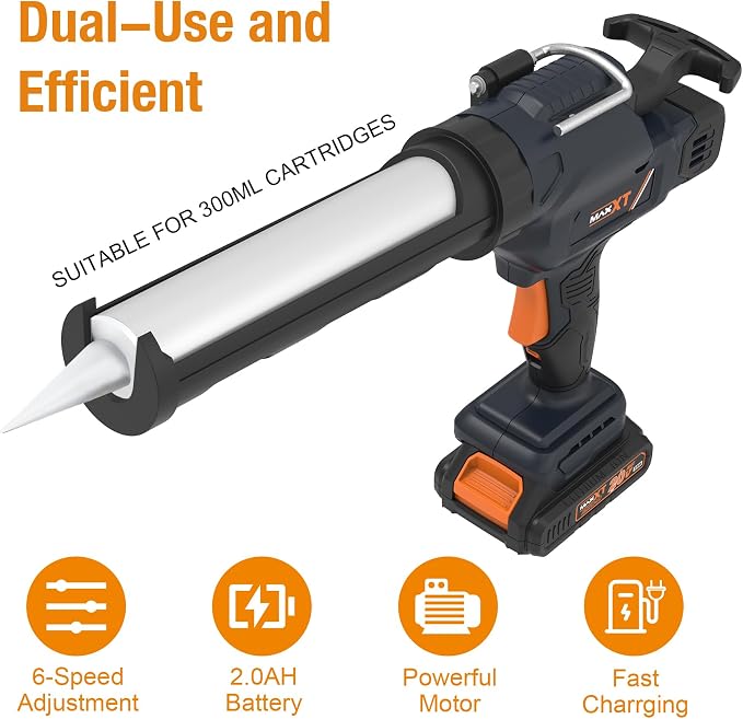 MAXXT 2-in-1 Cordless Caulking Gun - 2.0AH Battery Powered, Fits 10oz-20oz/300-600ml Cartridges & Sausage Packs, Anti-Drip Auto Retract, 6 Adjustable Speeds for Filling Sealing Repair