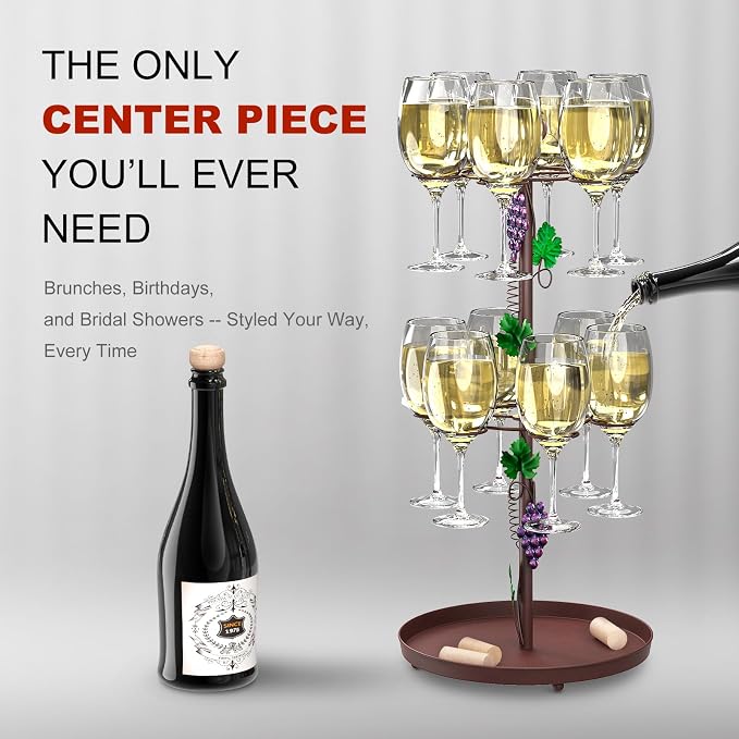 Metal Tabletop Wine Rack with Hanging 12 Glasses Hooks Countertop Holder | Champagne Bottle & Wine Glass Holder Stand, Tabletop Stemware Storage Rack for Kitchen, Dining Table,Bar Farmohuse Decor