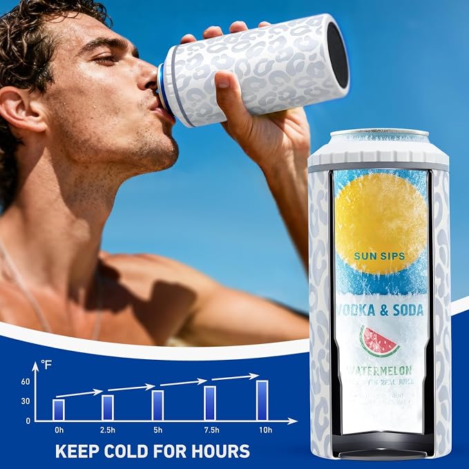 3 in 1 Slim Can Cooler for 12 OZ Skinny Can, Regular Can & Beer Bottle - Keep Cold for 6 Hours - Double Walled Insulated Stainless Steel Vacuum Beverage Can Insulator