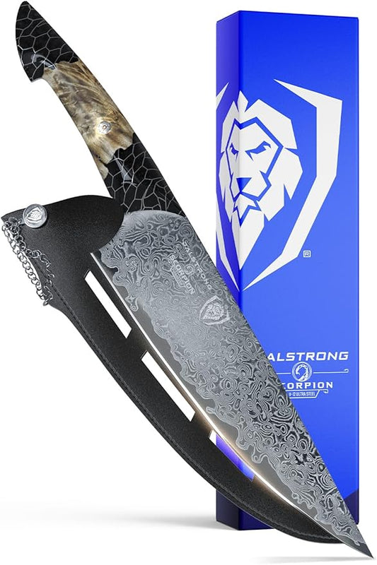 Dalstrong Chef Knife Professional- 9.5”-Scorpion Series - Venom Edition - Japanese Steel Chef Knife - Spiral Sandstorm Blade Pattern - Black Honeycomb Resin Handle - w/Chef KnifeSheath