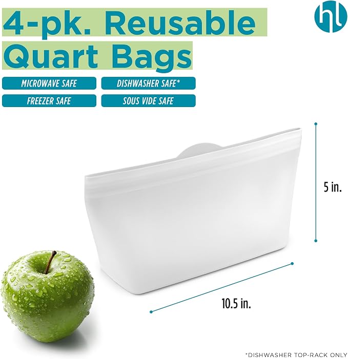 Home Logic Reusable Quart Bags - Set of 4 Clear Silicone Freezer Bags, Airtight Leak Resistant Reusable Zip Bags for Kitchen Home Food Prep, Microwave & Sous Vide Safe