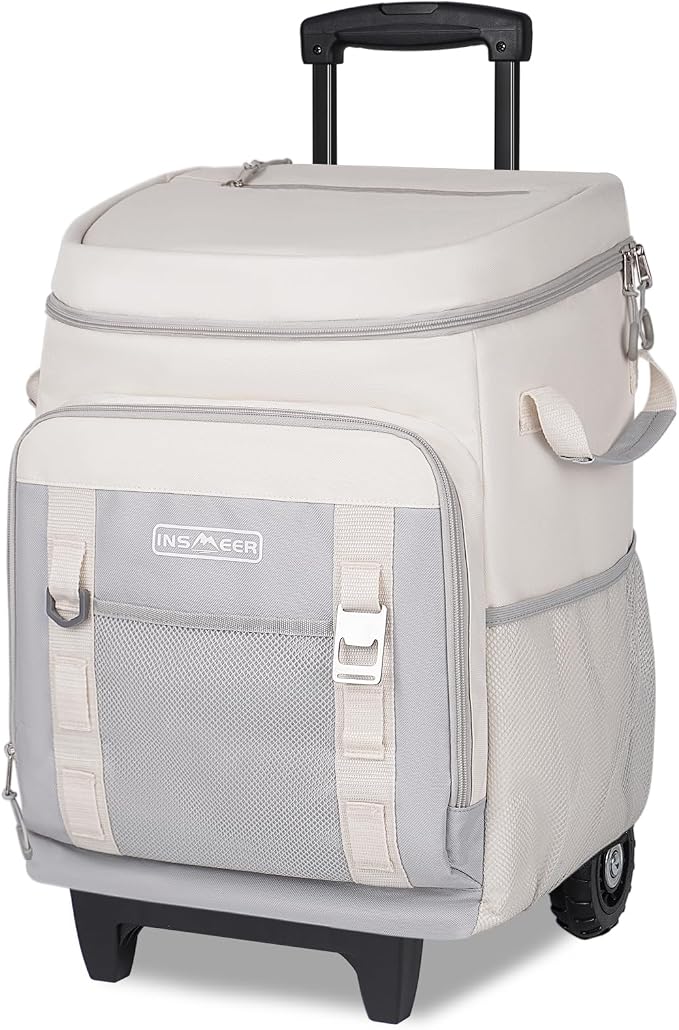 INSMEER Cooler with Wheels and Handle, 80 Cans/50L Rolling Cooler, Portable Soft Sided Cooler with Wheel, 2-in-1 Collapsible Trolley Cart, Large Coolerbag for Grocery Shopping