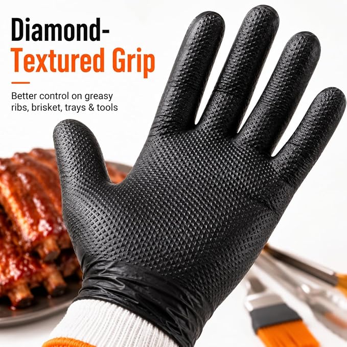 BBQ Gloves Disposable, 100 Count + 4 Cotton Liners, 10 Mil Tear Resistant | Nitrile Diamond Grip, Heat Resistant for Grilling Smoking Cooking, Food Safe, Latex Free, Heavy Duty Meat Handling, X-Large