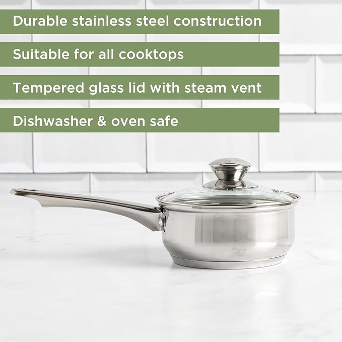 Ecolution Stainless Steel Sauce Pan, Encapsulated Induction Ready Cooking Pot with Glass Lid, Oven Safe, Dishwasher Safe Soup Pot, 1-Quart