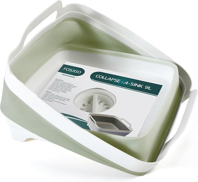 FOSJGO Collapsible Dish Basin with Drain Plug, Foldable Sink, 2.4 Gal (9L) | Space-Saving Wash Basin for Kitchen, Baby Bottles, Vegetable Washing, Camping, RV and Party Beverage Tubs