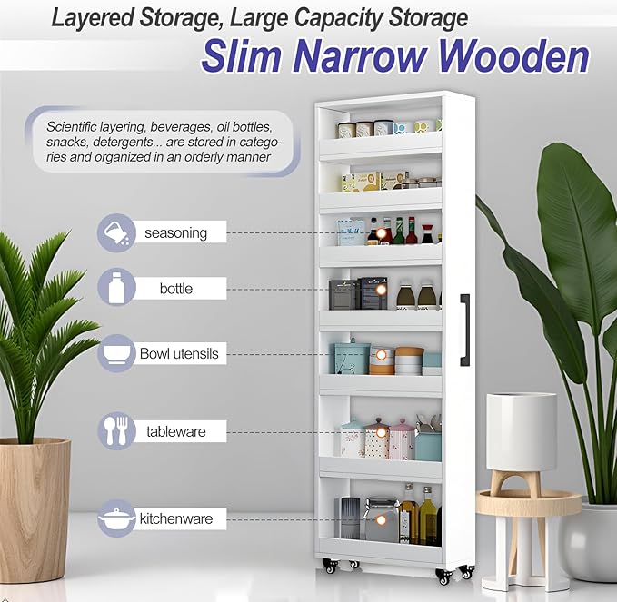 7-Tier Slim Storage Cart, Wooden Rolling Pantry Cabinet with Wheels, Narrow Shelf Organizer for Kitchen, Bakers Rack, Dining Room, Closet, Small Spaces Teak 73.2‘’H*5.9''W*19.6''D