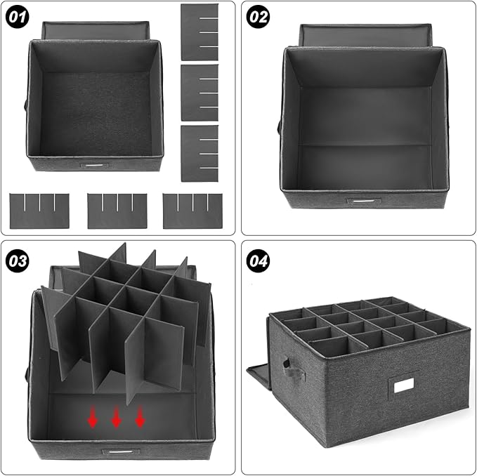 popoly Stemware Storage Cases, Wine Glass Storage Box Containers with Dividers for Glassware or Crystal, Holds 16 Red or White Wine Glasses, Hard Top and Stackable (Grey) | Glassware Storage Containers for Glassware or Crystal, Holds 16 Red or White Wi...