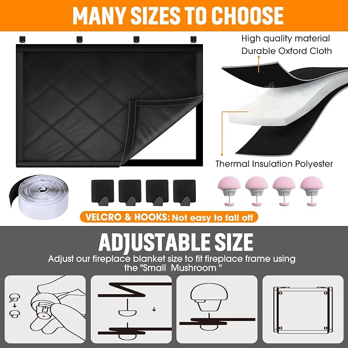 Fireplace Draft Cover, Fireplace Blocker Blanket with Hook and Loop Tapes, Indoor Fire Place Draft Stopper for Heat Loss Insulation Black 39" W x 32" H