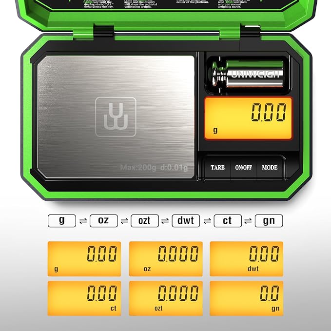 UNIWEIGH Digital Pocket Scale 200g/0.01g, Digital Scale Grams Precision | Jewelry Scale,Coins Scale with 50g Cal Weights for Powder,small items,Tea,Jewelry,Coins (Battery Included)-Fluorescent Green