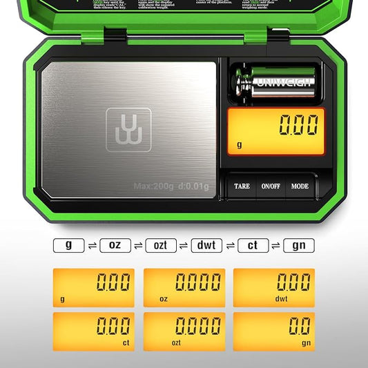 UNIWEIGH Digital Pocket Scale 200g/0.01g, Digital Scale Grams Precision | Jewelry Scale,Coins Scale with 50g Cal Weights for Powder,small items,Tea,Jewelry,Coins (Battery Included)-Fluorescent Green
