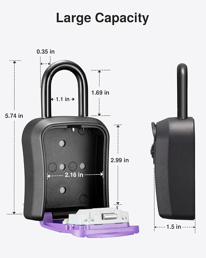 Puroma Key Lock Box Outdoor 4 Digit Code Combination Lockbox House 1 Purple | For Contractors Guest Realtor Storage Keys, Portable, Home Wall Mount, Resettable, Combination, Weatherproof, High-capacity