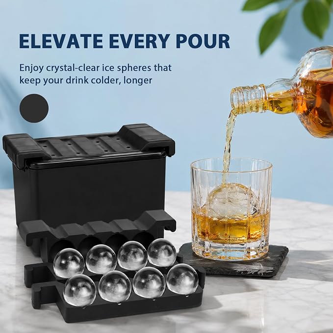 MTUS Clear Round Ice Cube mold, Silicone Whiskey Ice Sphere Mold with Easy-Release Tray, 8 Cavity Large 2 Inch Ice Ball mold