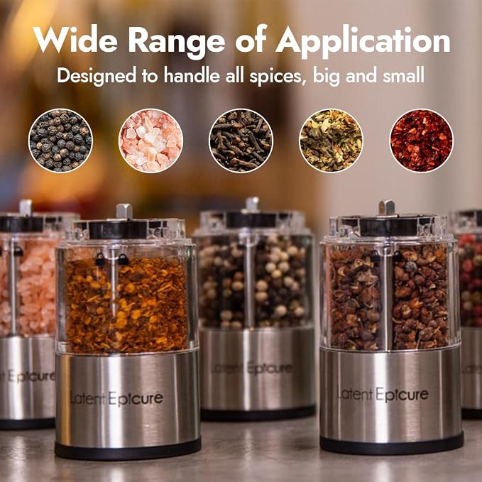 Latent Epicure Electric Salt and Pepper Grinder (SINGLE) - Rechargeable USB-C - Stainless Steel Salt, Pepper or Spice Mill with LED Light - One Handed Operation - Adjustable Ceramic Grinders