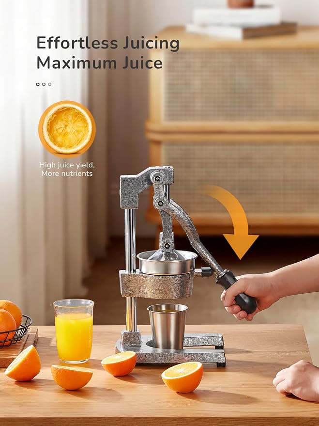 QCen Manual Citrus Juicer Cast Iron Heavy Duty Orange Press | Stainless Steel Strainer, Hand Squeezer, Easy To Clean, For Orange, Lemon, Lime And Grapefruit, Silver