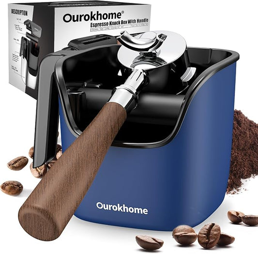 Ourokhome Espresso Knock Box with Lid, Compact Coffee Grounds Container for Home Coffee Bar, Removable Knock Bar, 304 Stainless Steel Exterior, Non-Slip Base & Handle, Easy Clean (Deep Blue)