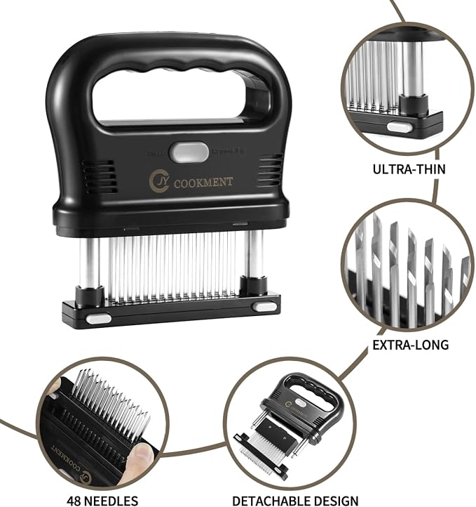 Meat Tenderizer Tool with 48 Stainless Steel Ultra Sharp Needle Blades, Detachable Kitchen Cooking Tool Best For Tenderizing, BBQ, Marinade