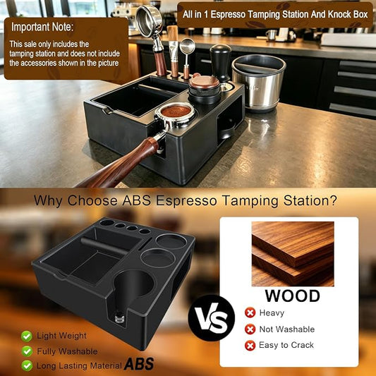 Espresso tamping station knock box,tamper station,Espresso station fit for storage 51-58mm tamper,distributor,portafilter,puck screen accessories,9 in 1 espresso knock box and tamper station