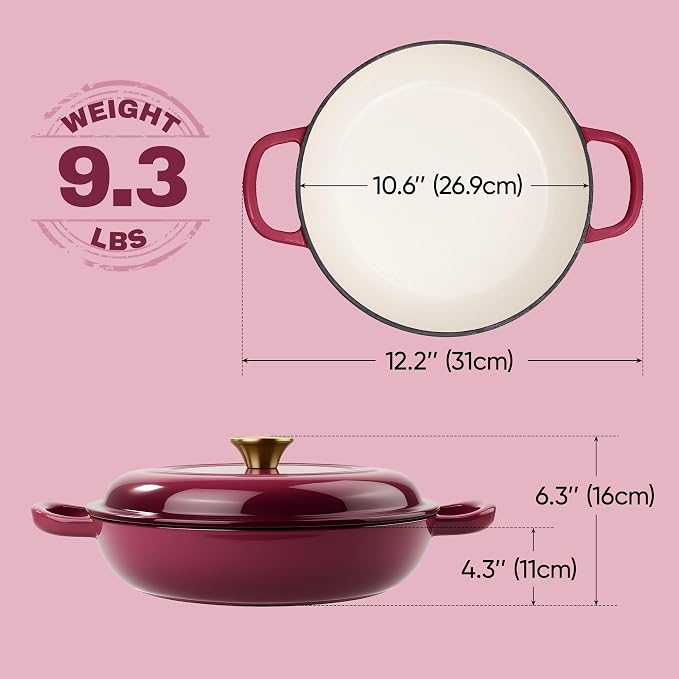 3 Quart Enameled Cast Iron Braiser, Non Stick Enameled Cast Iron Skillet with Lid, Dutch Oven Skillet with lid up to 500°F for Oven, Stove, Grill, Shallow Dutch Oven for Cook, Bake (Rose)
