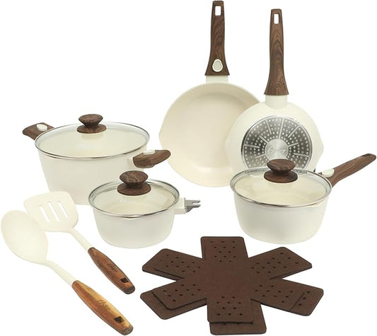 Oster SmartHandle Advance 18-Piece Ceramic Nonstick Cookware Set – Matte Linen Finish, Induction, Detachable Handles, Oven & Dishwasher Safe Pots Pans, w/Utensils & Pan Protectors